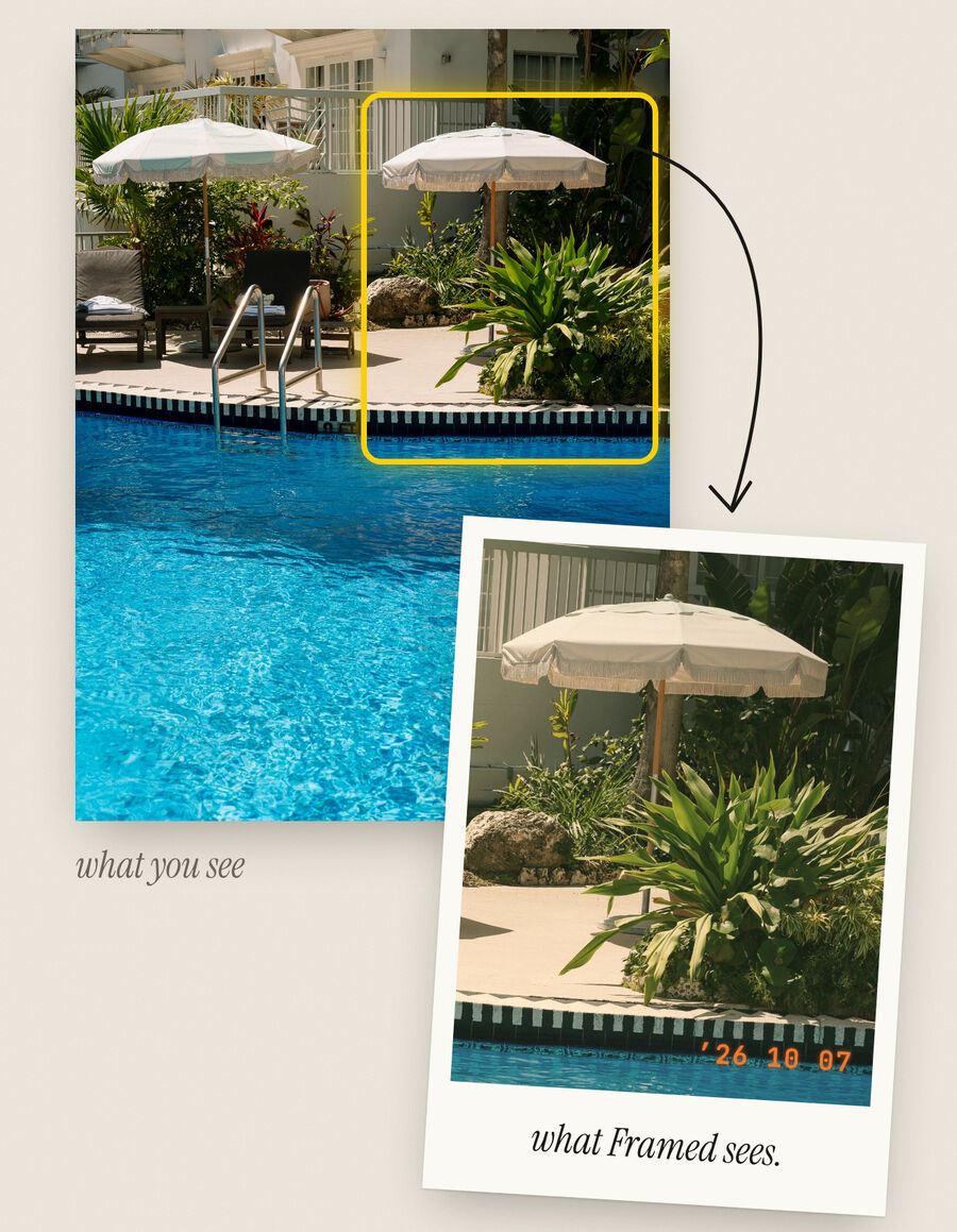 A poolside scene with the frame Framed found, and the finished print
